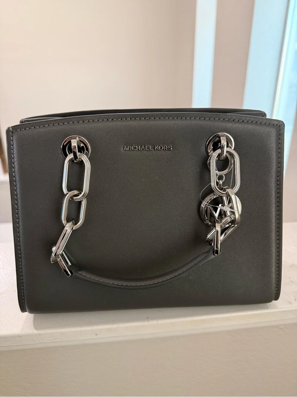 Michael Kors Black Leather Top-Handle Satchel with Silver Hardware